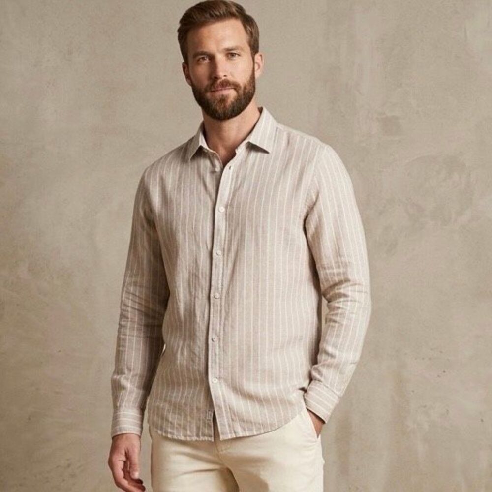 H&M Regular Fit Linen Blend Striped Button Down Shirt Men’s XL Beige